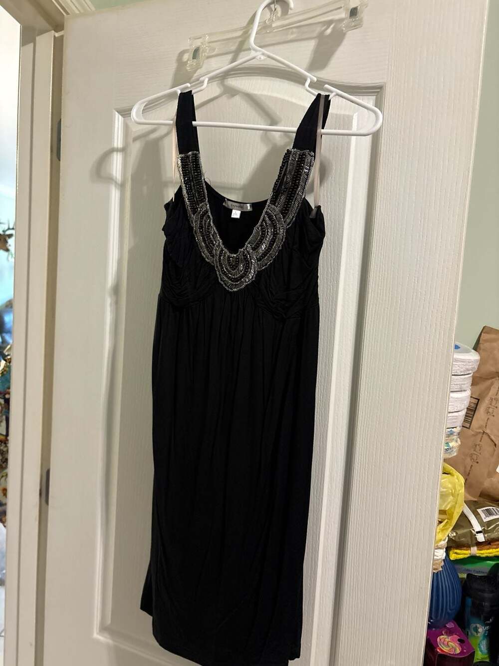 Soprano Black Beaded V-Neck Mini Dress Size L